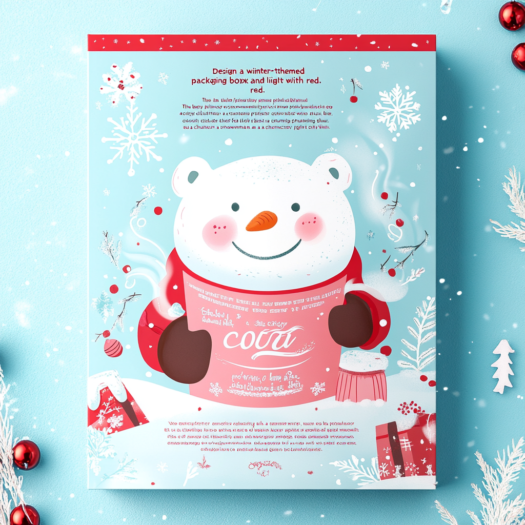 Winter-themed packaging box with snowman holding hot chocolate.