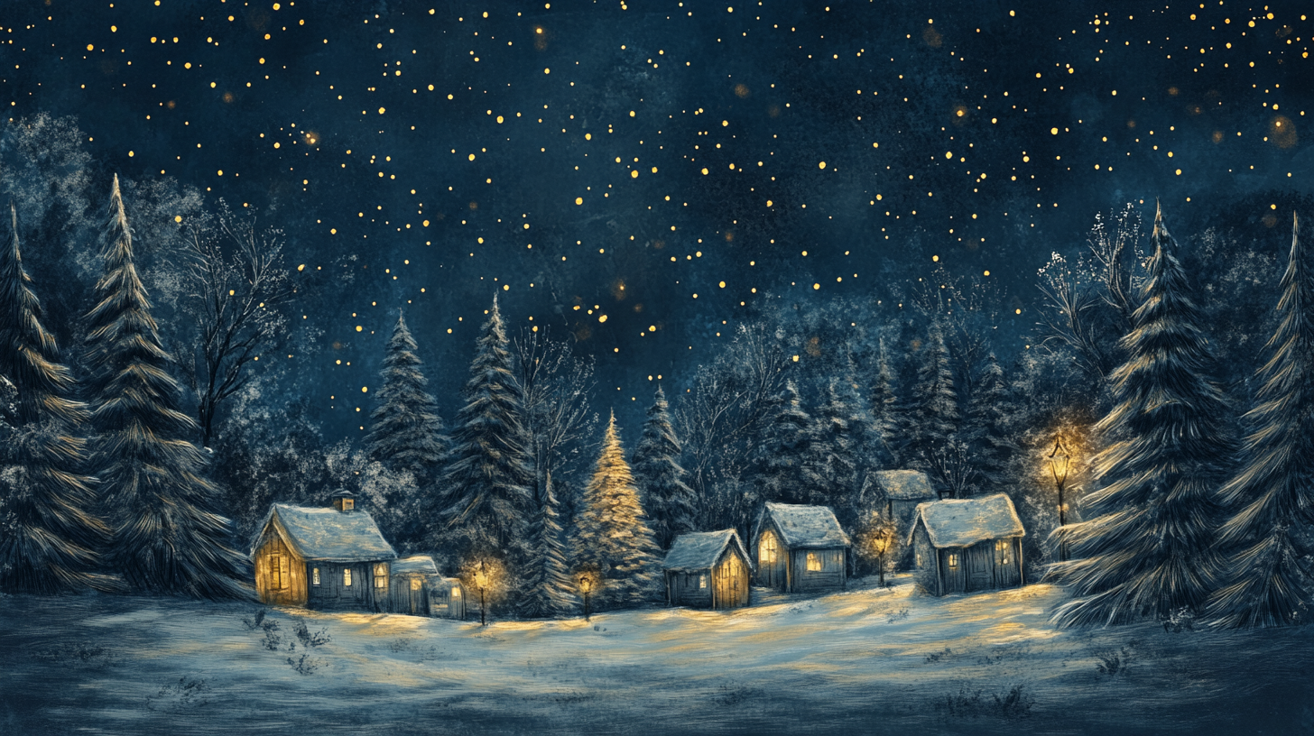 Winter village with snow, trees, stars in navy.