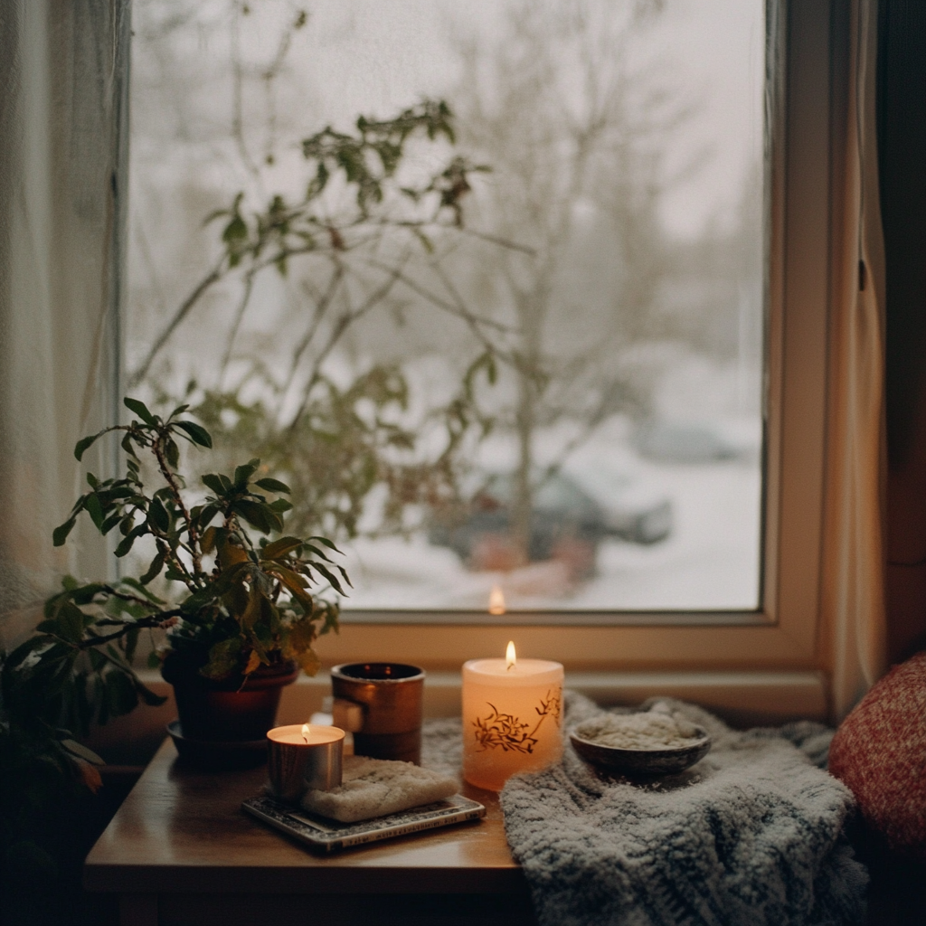 Winter window with snow, candle warmth inside