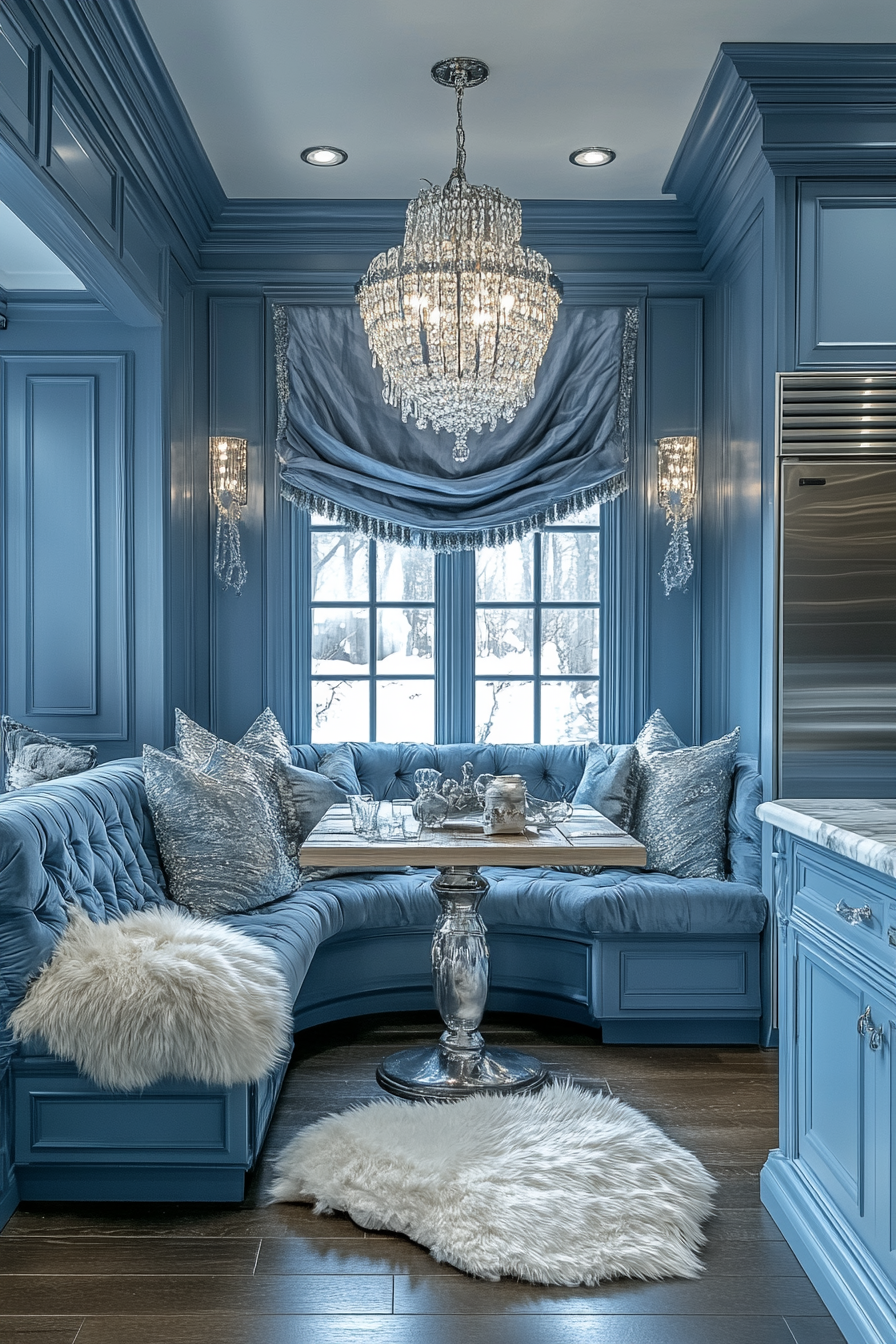 Winter wonderland kitchen with icy blue walls.