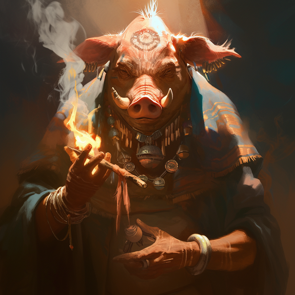 Wise pig shaman with voodoo items