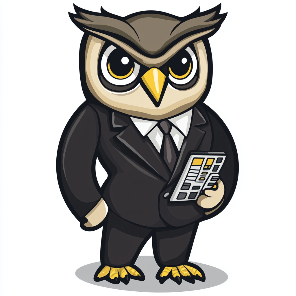 Wise owl mascot in suit for SUSTAINA Accounting firm.