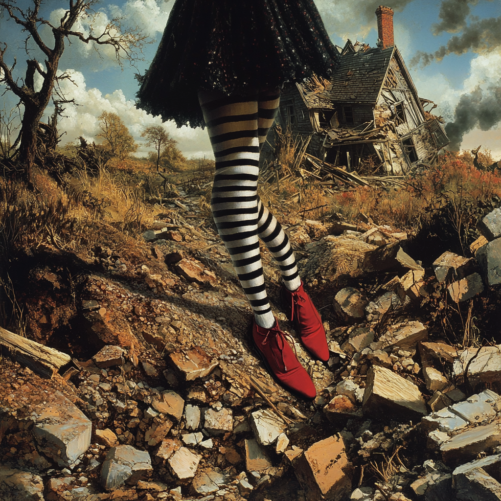 Witch's legs and red slippers poke out from house.