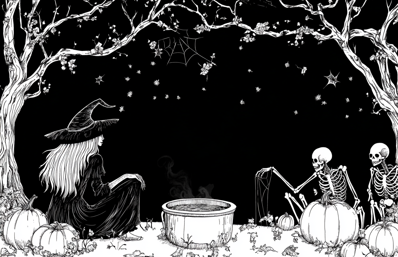 Witch at cauldron, skeletons, pumpkins, webs, mummies, gothic.