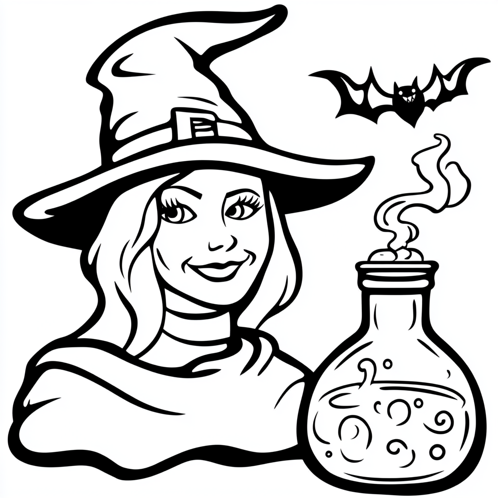 Witch face with hat, potion bottle, flying bat outlines.