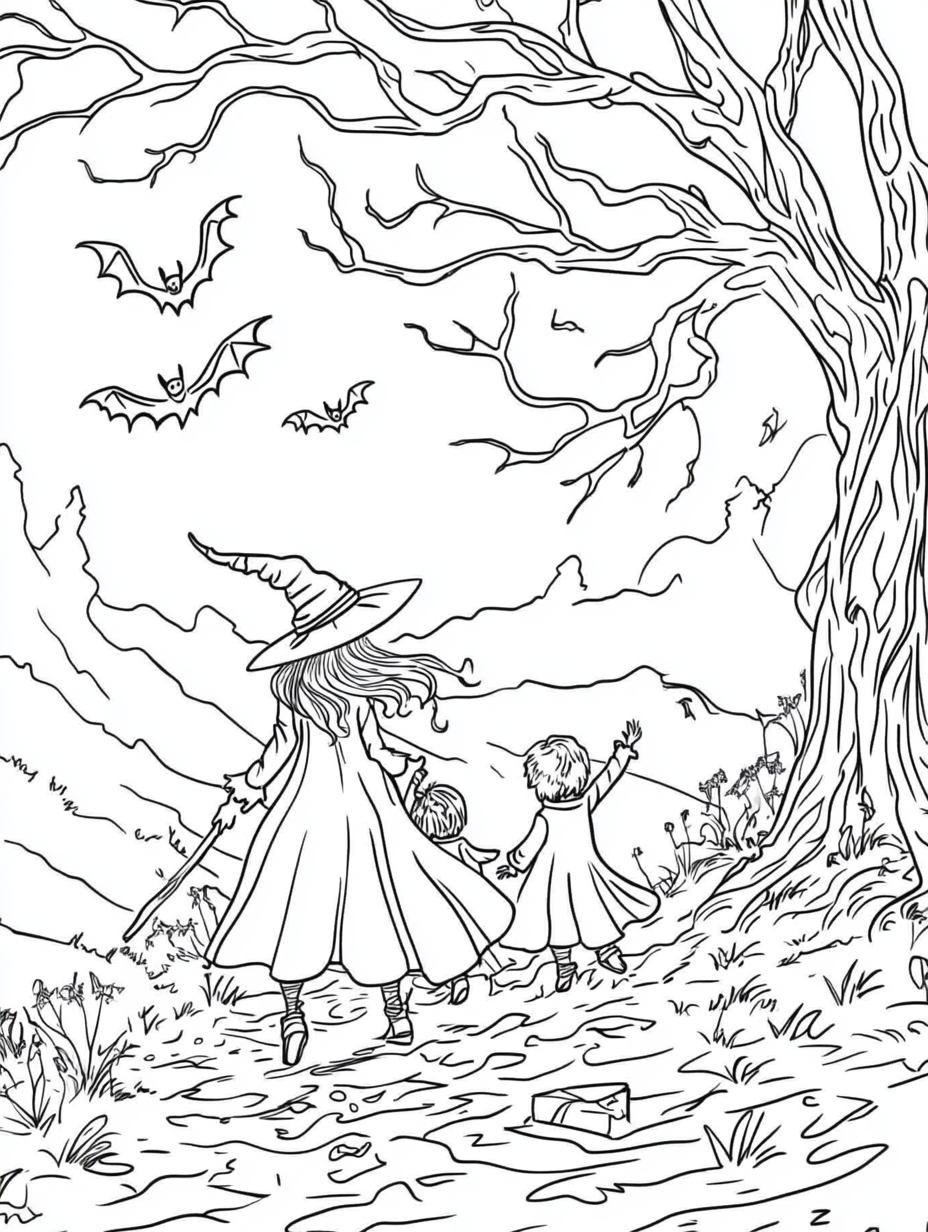 Witch following children trick or treating with bats, tree.