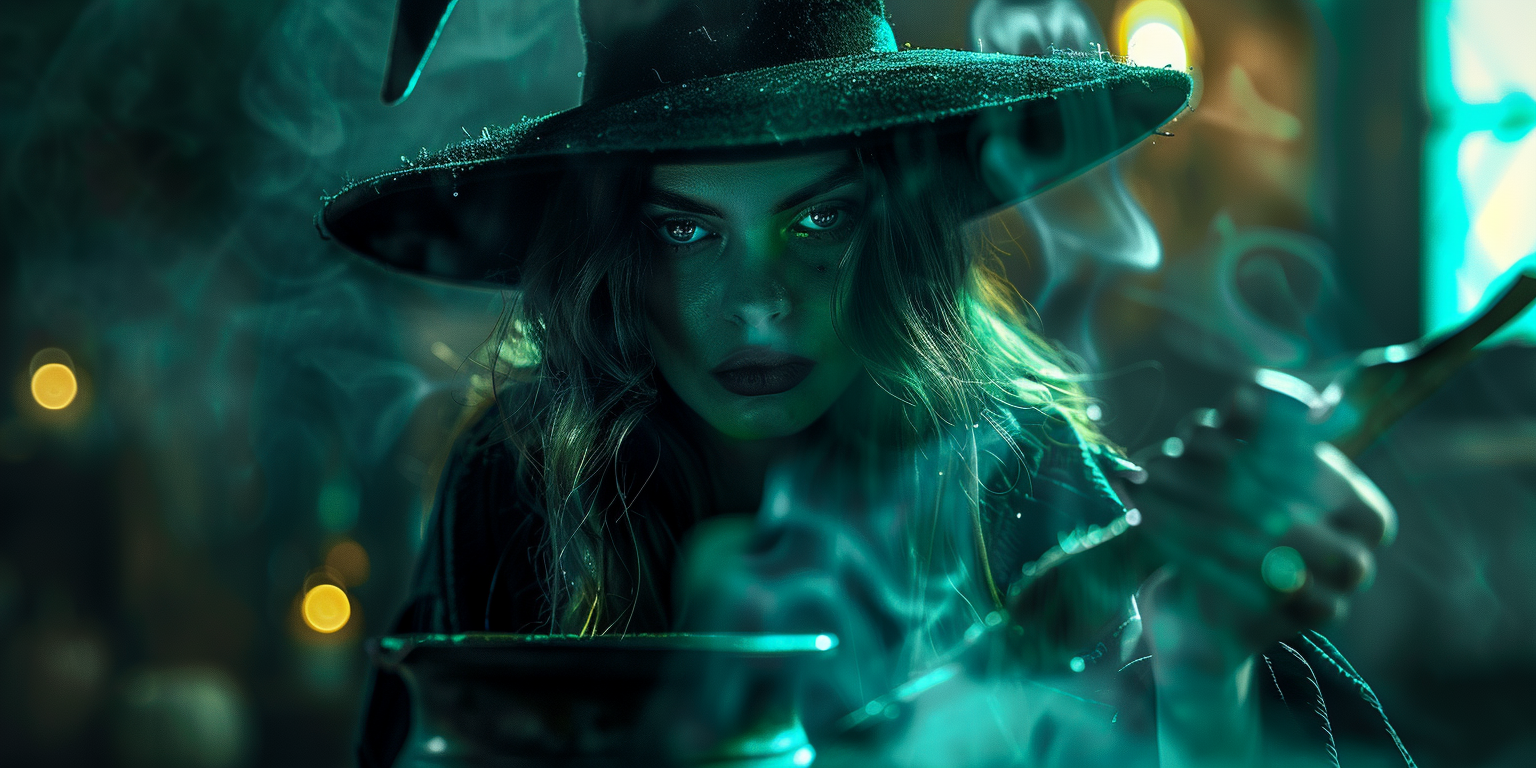 Witch holding broom in front of cauldron, hyper-realistic.