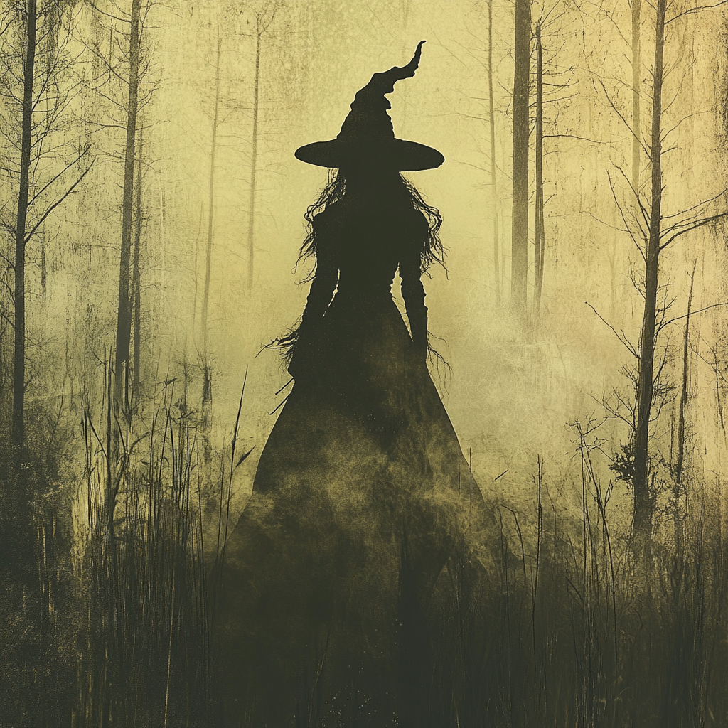 Witch in foggy swamp with spooky trees, high contrast.