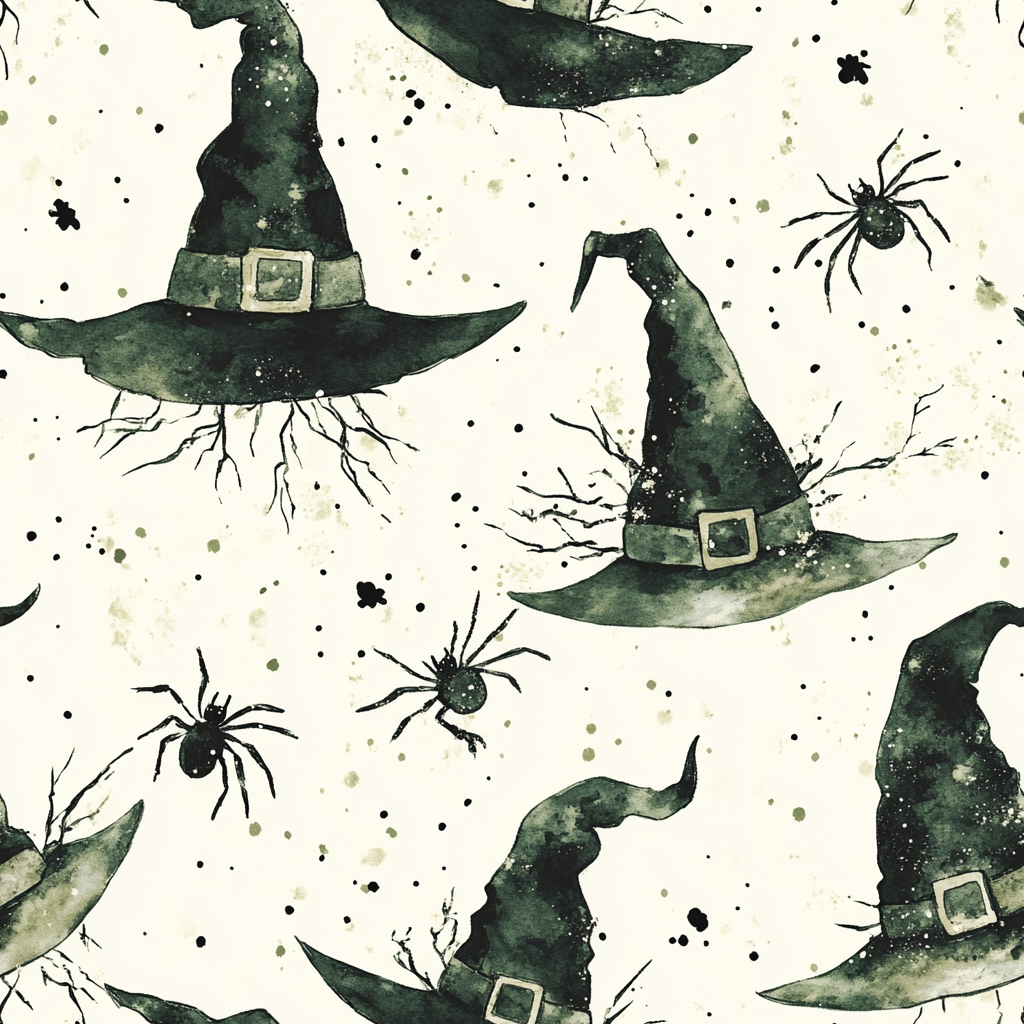 Witch pattern with hat and spiders in watercolor.