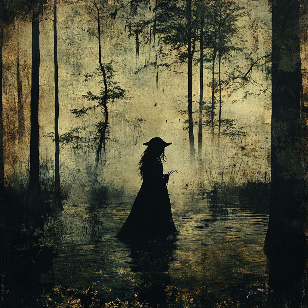 Witch poster with creepy forest and grainy elements.