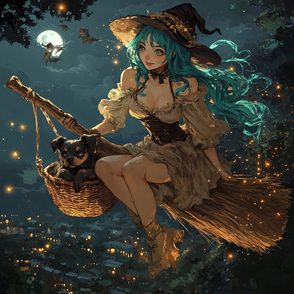 Witch with Teal Hair Flying on Broomstick