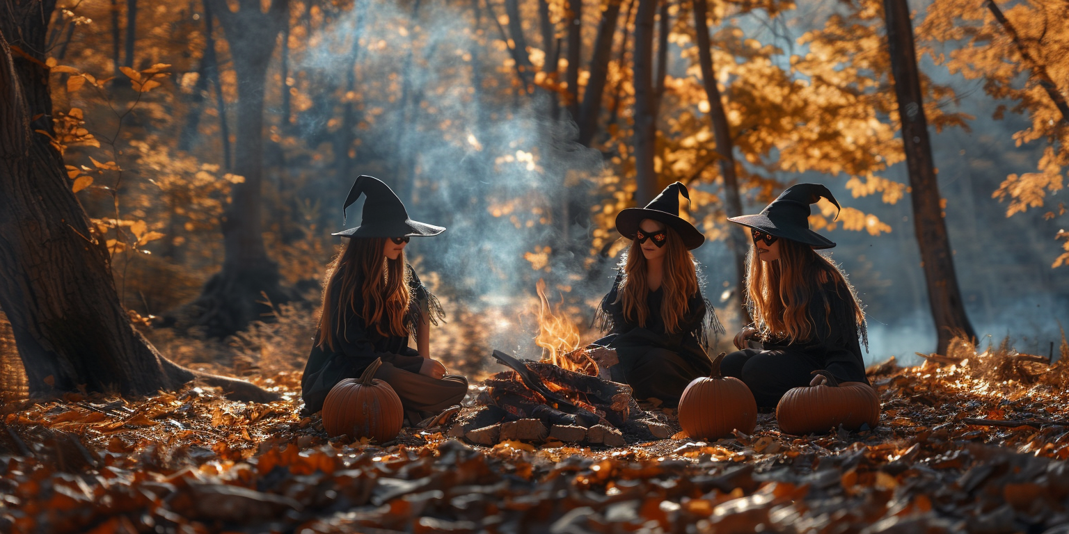 Witches' Shades Campfire Gathering in Autumn Forest 