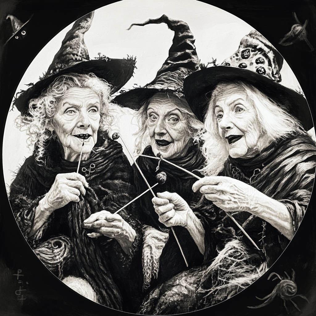 Witches knitting black scarf in circular frame