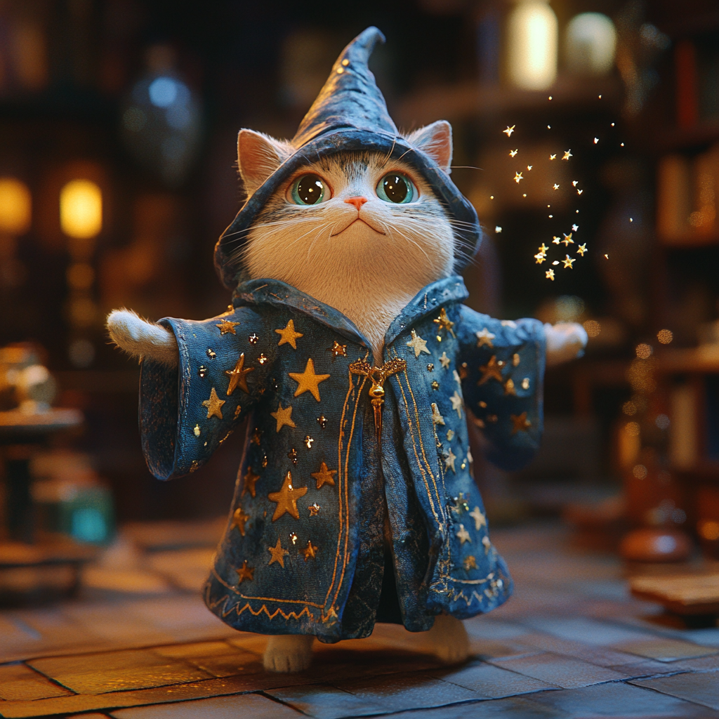 Wizard cat in starry robe floats whimsically.