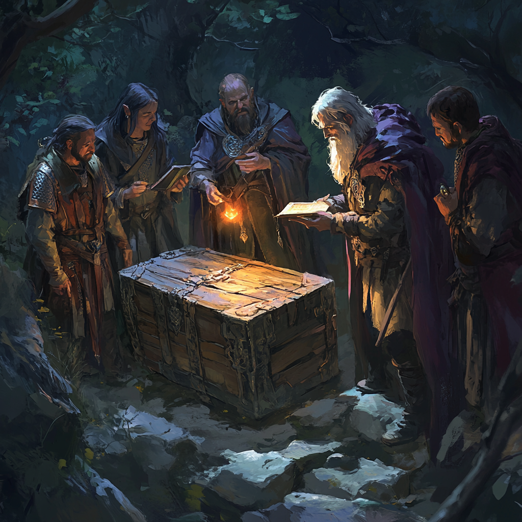 Wizard examining tablet with torch, adventurers around broken chest.