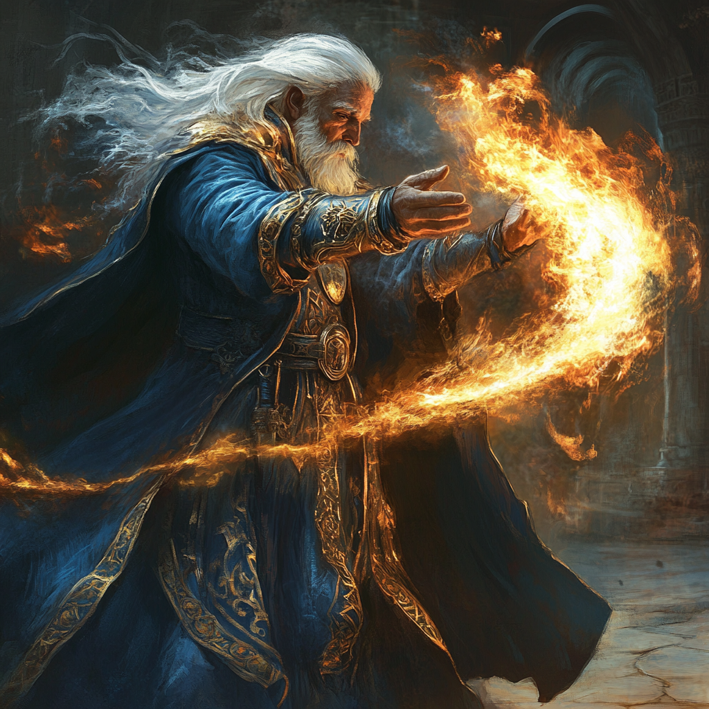 Wizard in blue robes casting fire magic on humanoid.