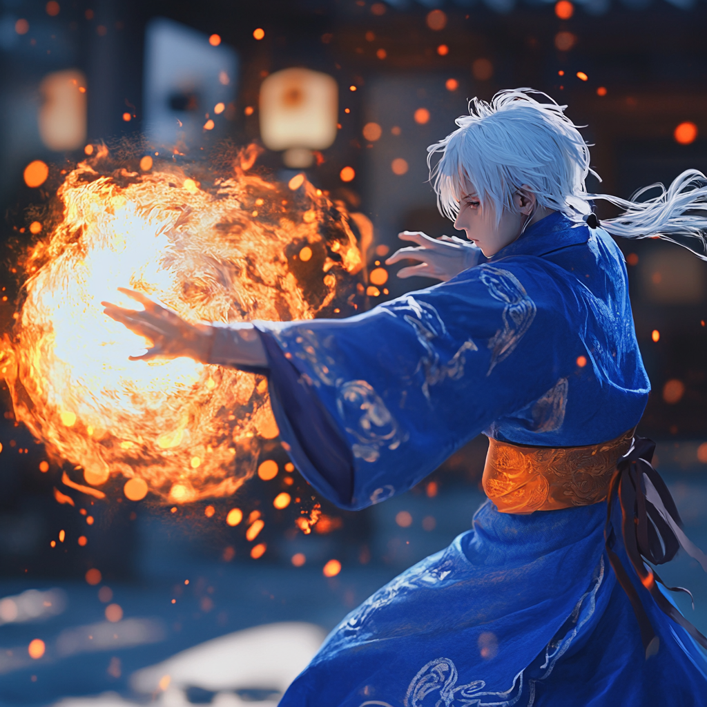 Wizard in blue robes with white hair casting fire.