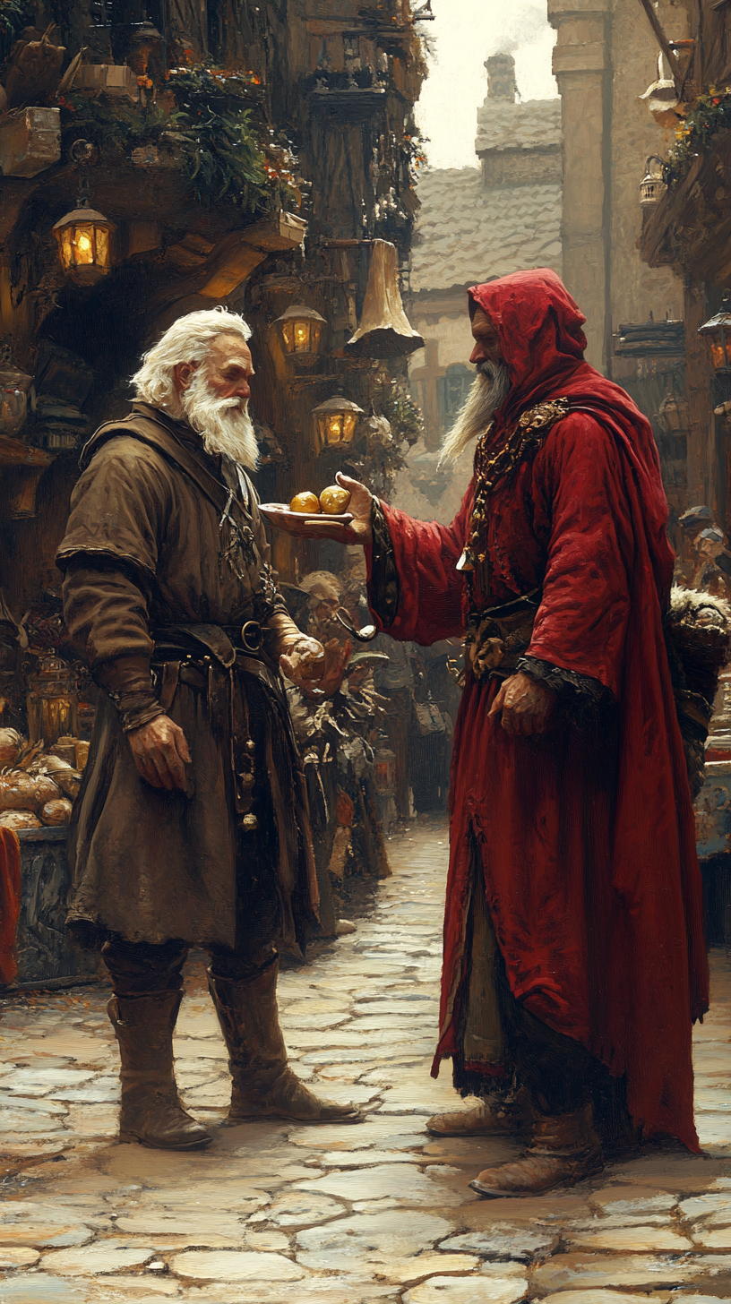 Wizard offering potion to debt collector in marketplace.