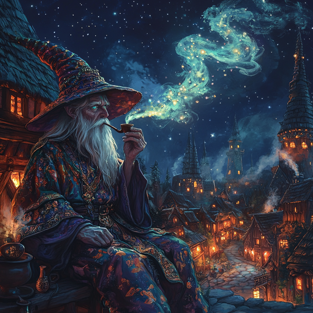 Wizard smoking pipe in medieval village at night.