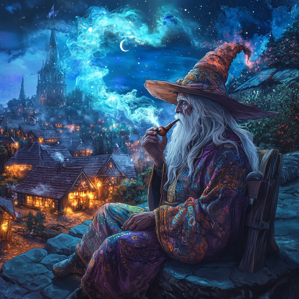 Wizard smoking pipe on stone bench in village at night.