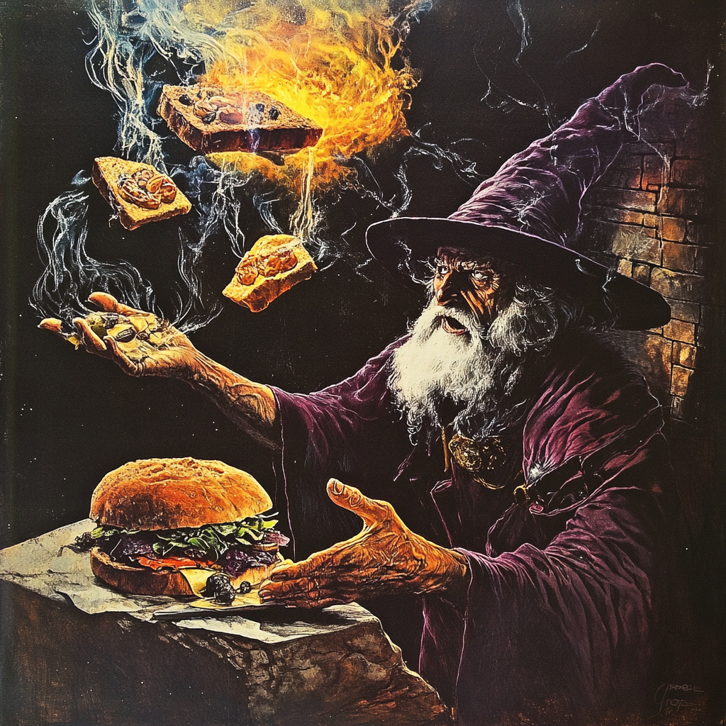 Wizard uses magic to make sandwich in fantasy world