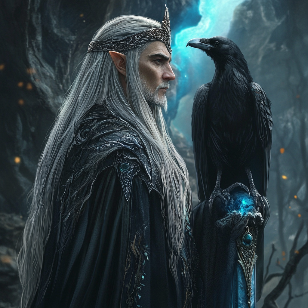 Wizard with elf queen, raven, blue portal, gothic style.