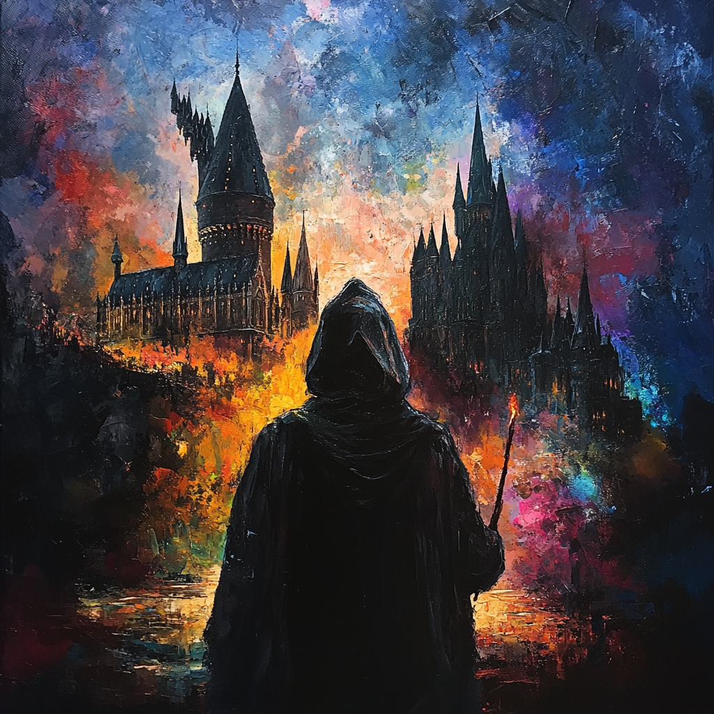 Wizard with wand looks at Hogwarts, colorful but dark.