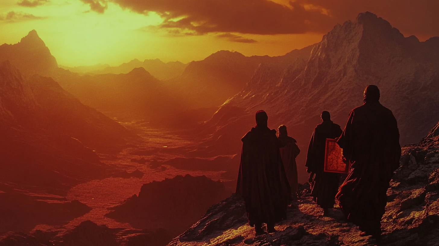 Wizards walking with map in retro fantasy movie.