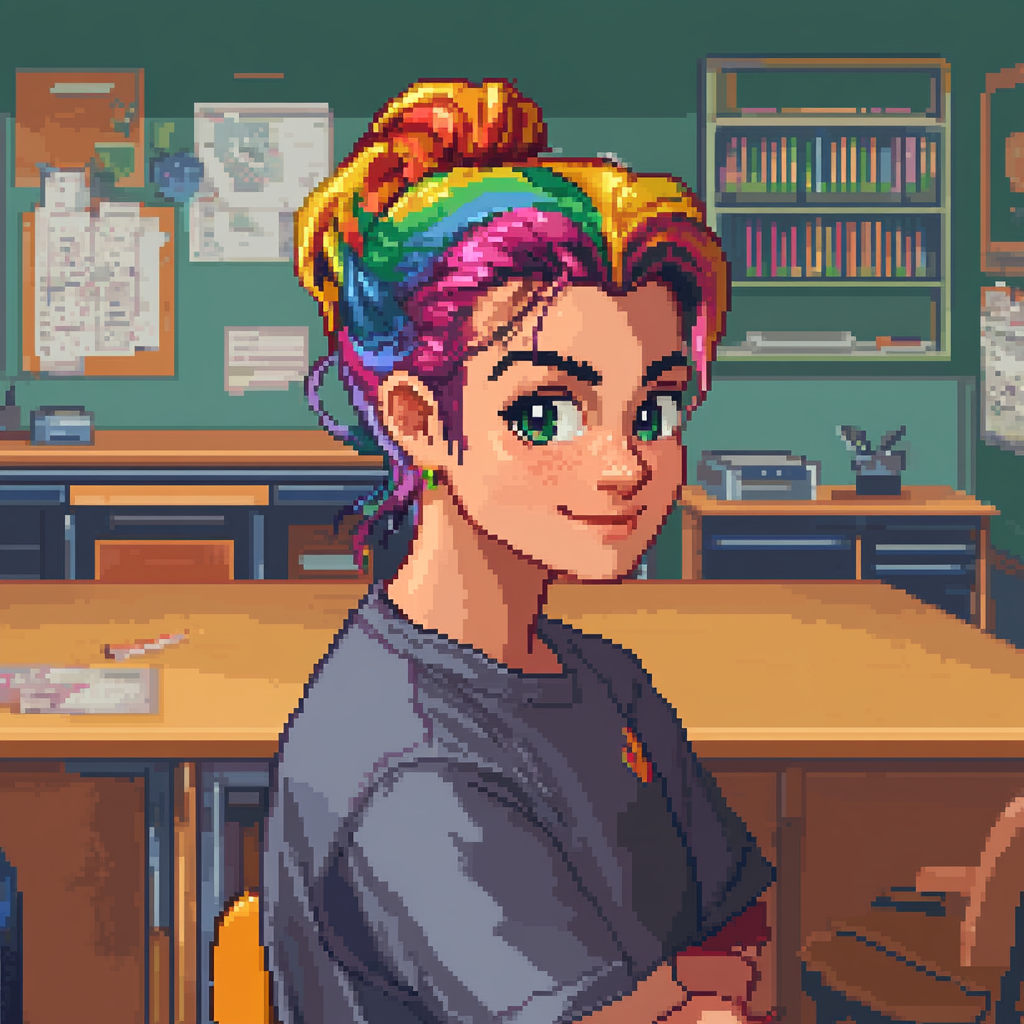 Woke Teacher with Rainbow Hair in NES Pixelated Classroom