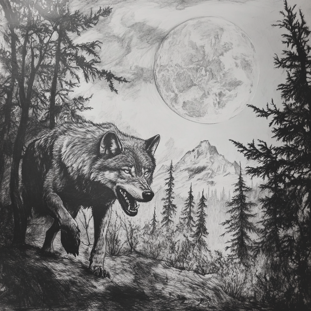 Wolf stalking in forest, moonlit mountain background illustration