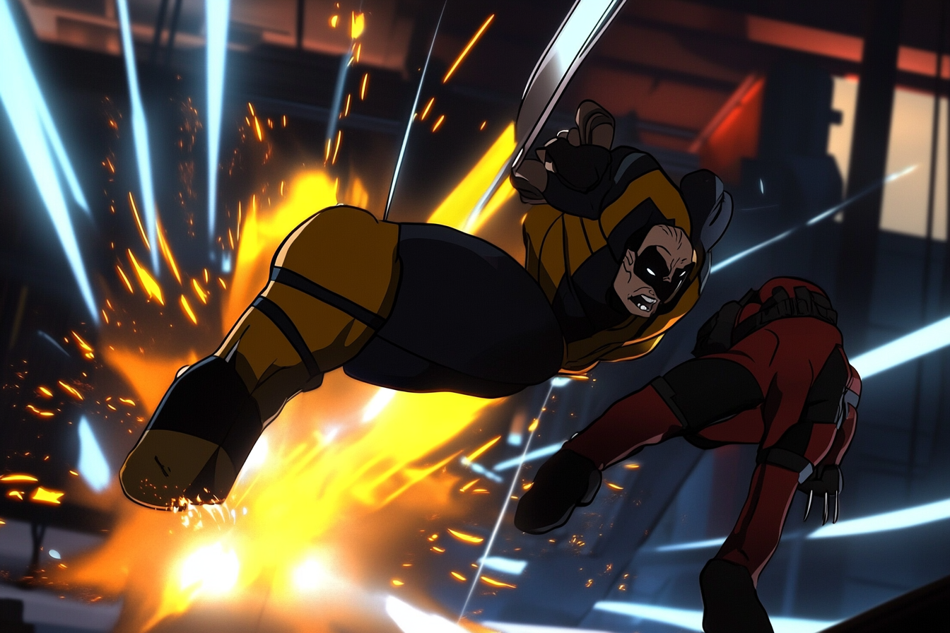 Wolverine counter-kicking Deadpool with intense energy and sparks.