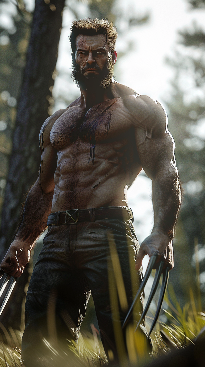 Wolverine in forest, claws out, intense eyes, powerful stance