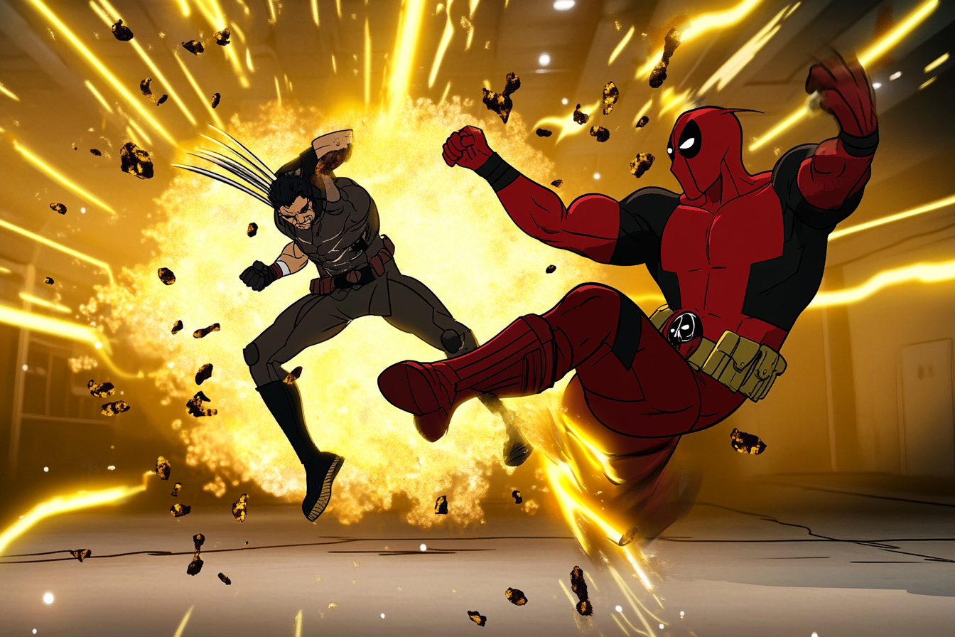 Wolverine kicks Deadpool, surprise and humor in reaction animation.