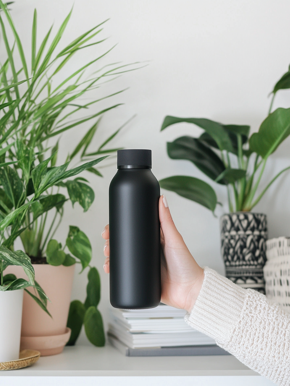 Woman's arm and hand holding black water bottle.