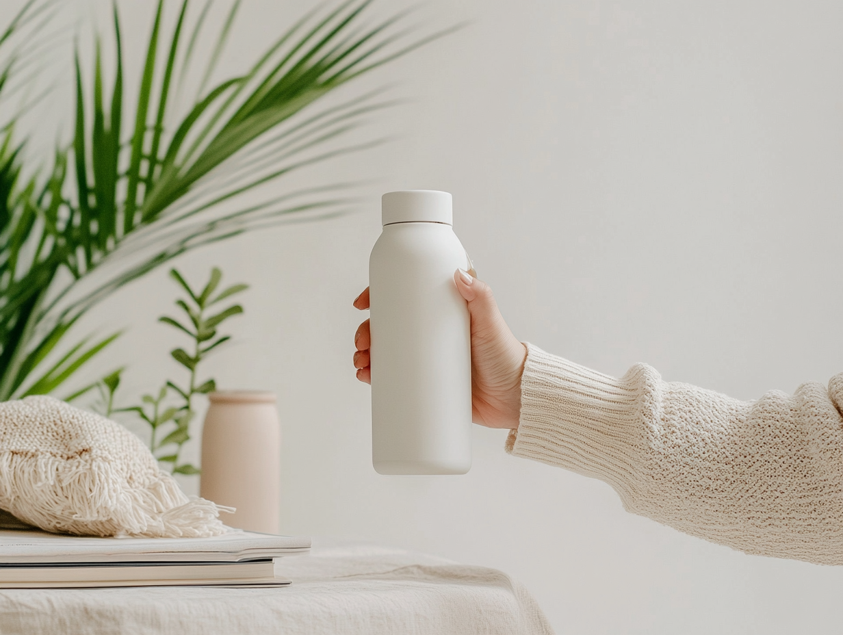 Woman's arm and hand holding white reusable water bottle.