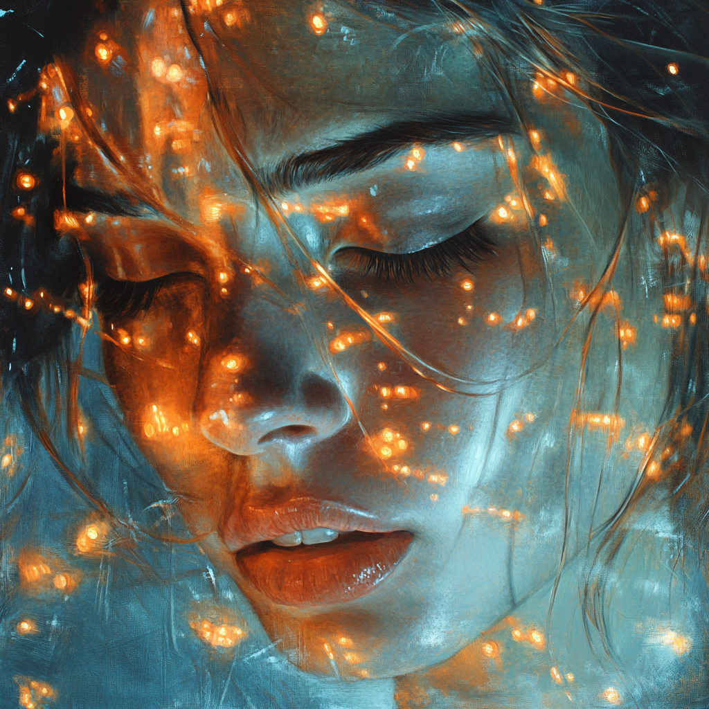 Woman's face with lights in turquoise and orange tones.