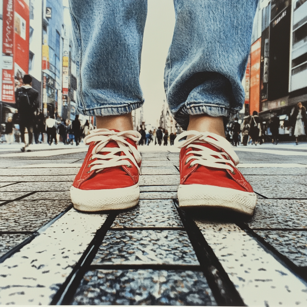 Woman's feet in red sneakers walking in Ginza.