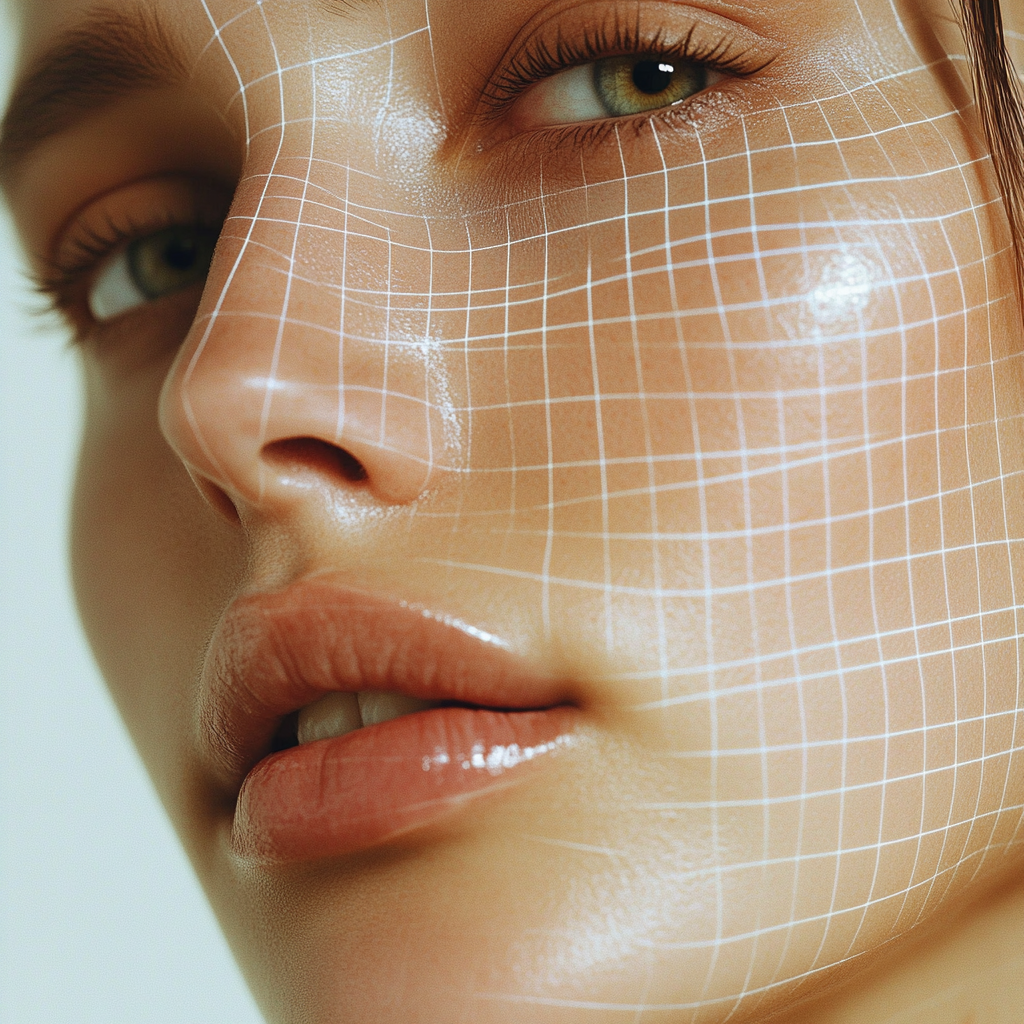 Woman's flawless face with grid overlay, modern aesthetic.