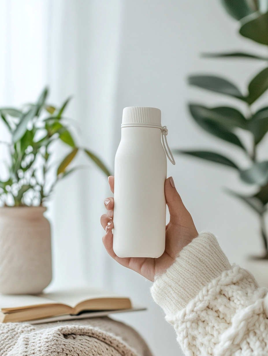 Woman's hand holding reusable water bottle, white background.