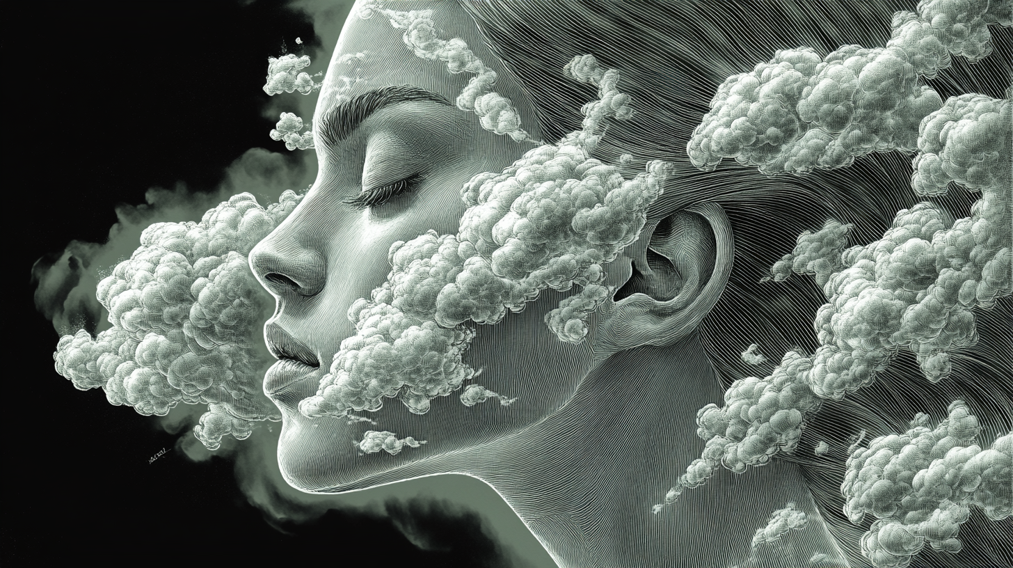 Woman's head covered by white cloud pieces simply designed.