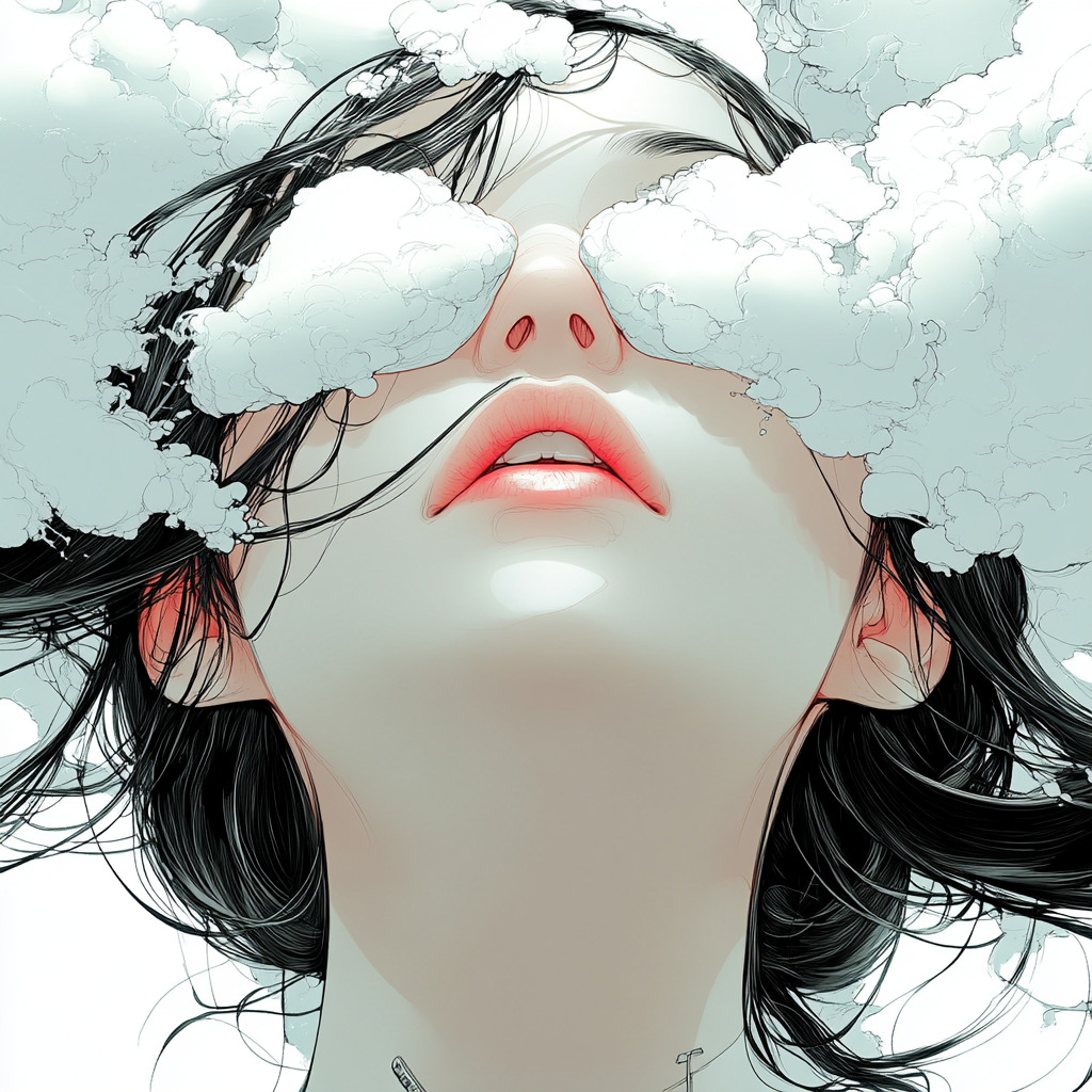 Woman's head covered in clouds, white cotton pads