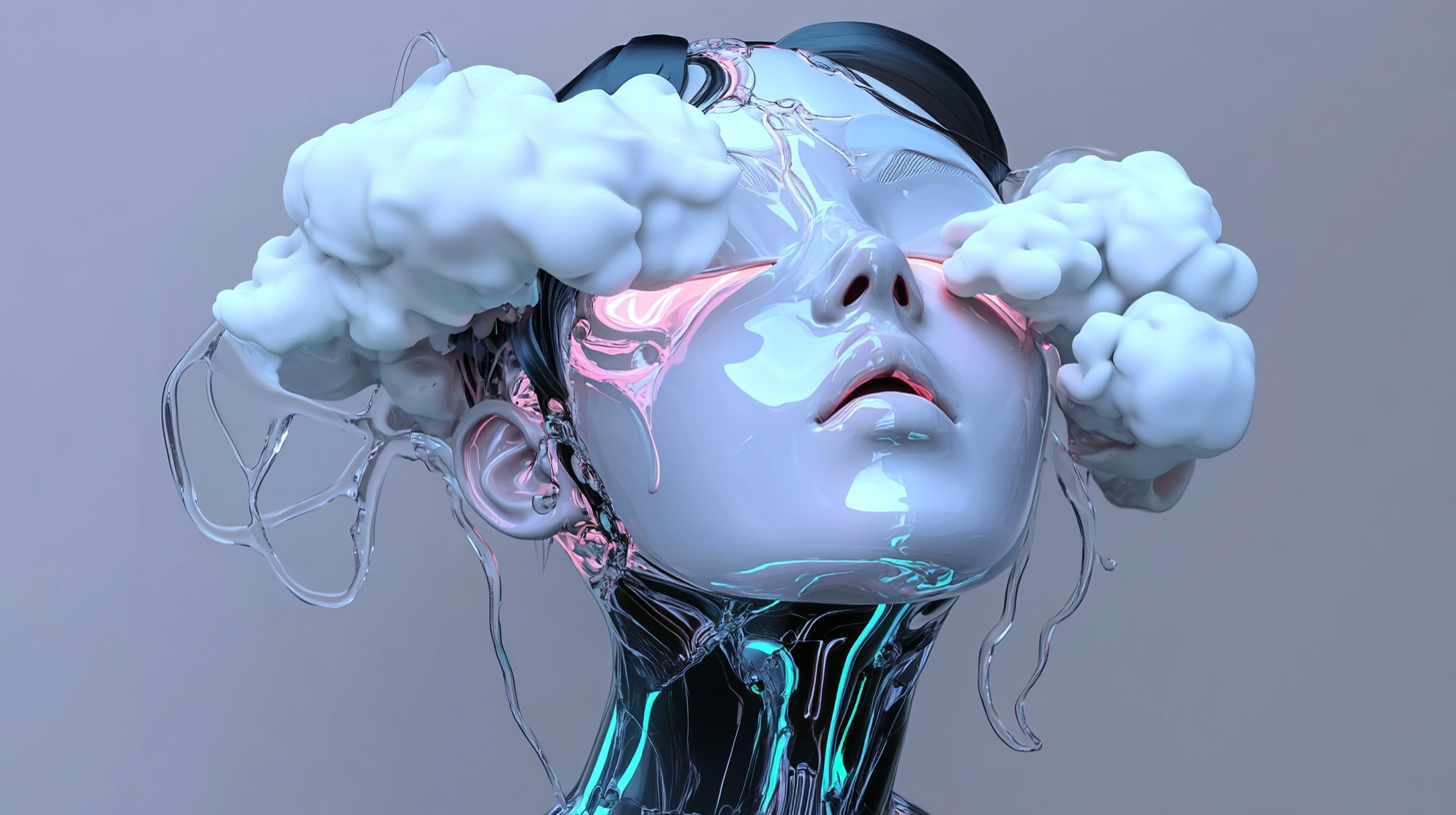 Woman's head cut in half, clouds, simple shapes.