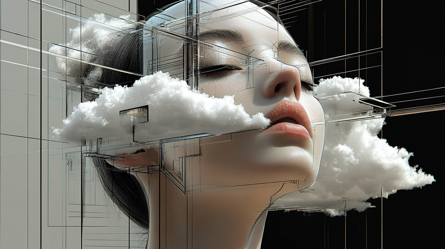 Woman's head cut in half with clouds, illusionistic effect.