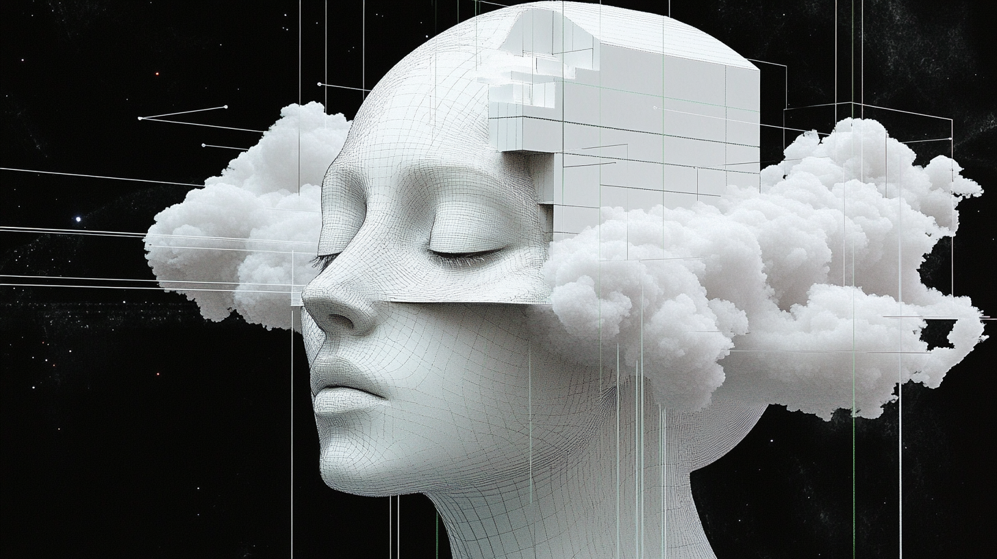 Woman's head cut in half with clouds, lines.