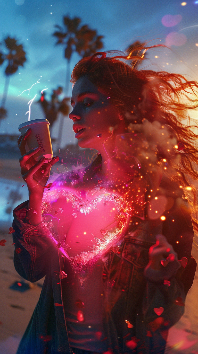 Woman's heart explodes in love-themed mystical explosion, urban background.