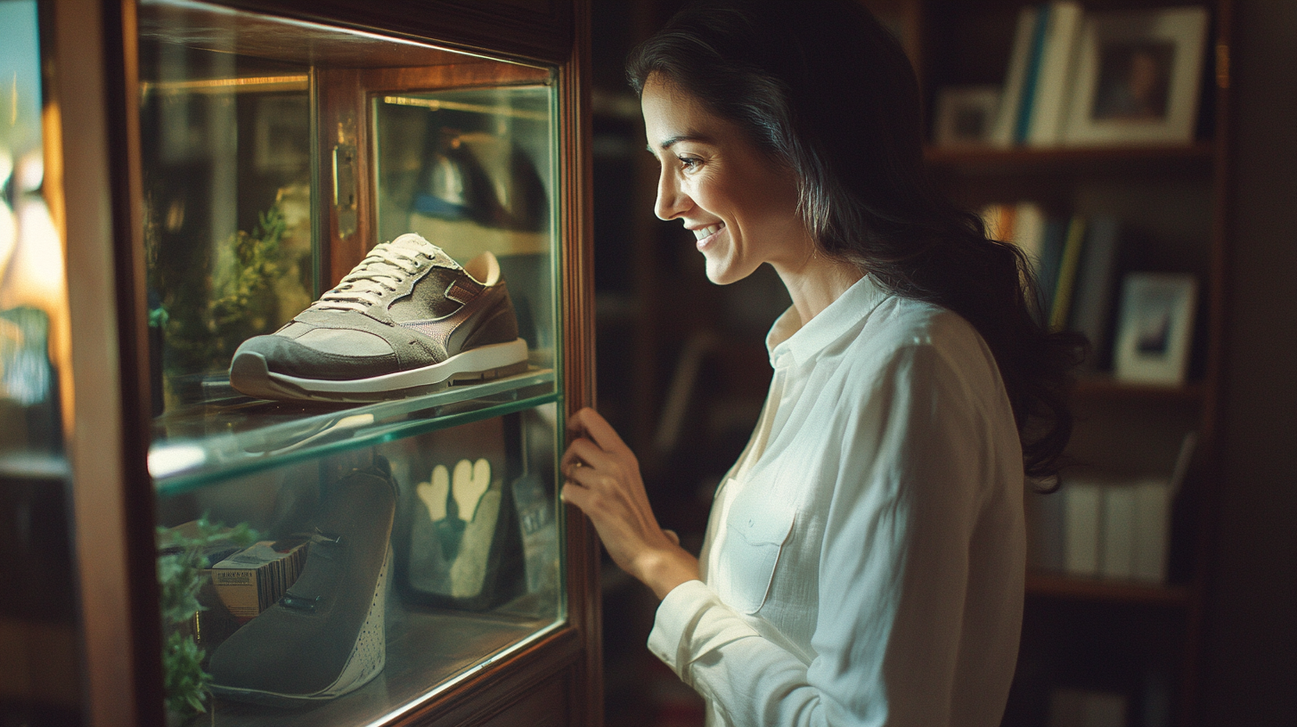 Woman Admiring Old Shoe in Home Office