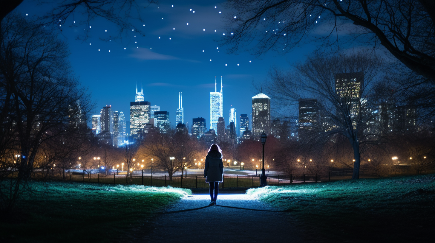 Woman Alone Among Glowing City Lights