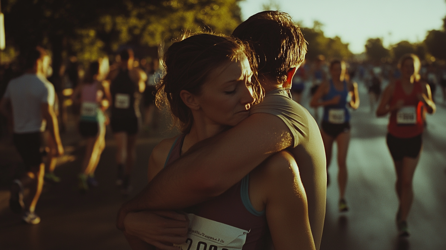 Woman Embraced by Husband After Marathon Race