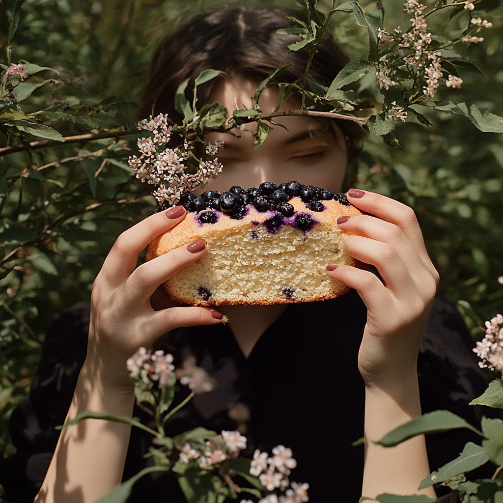 Woman Enjoying Almond Cake in Nature