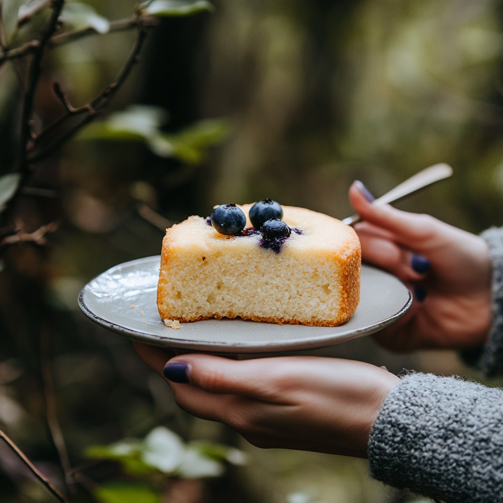 Woman Enjoys Almond Cake in Nature